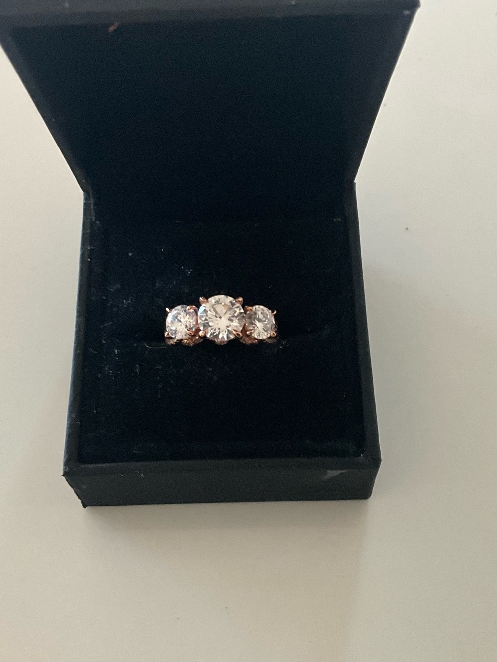 Rose Gold Three-Stone Ring with Clear Stones